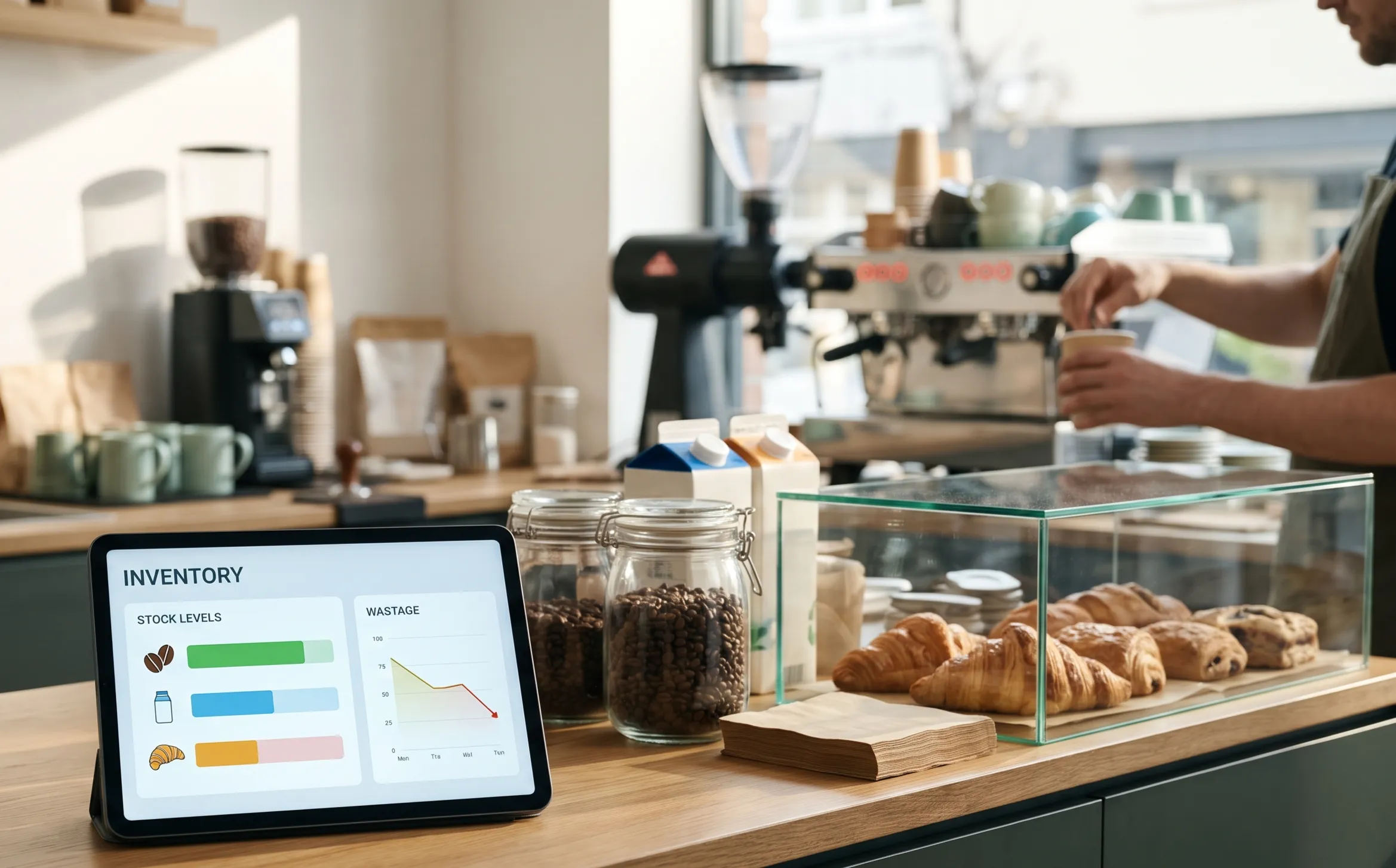 Café counter with a tablet showing stock levels