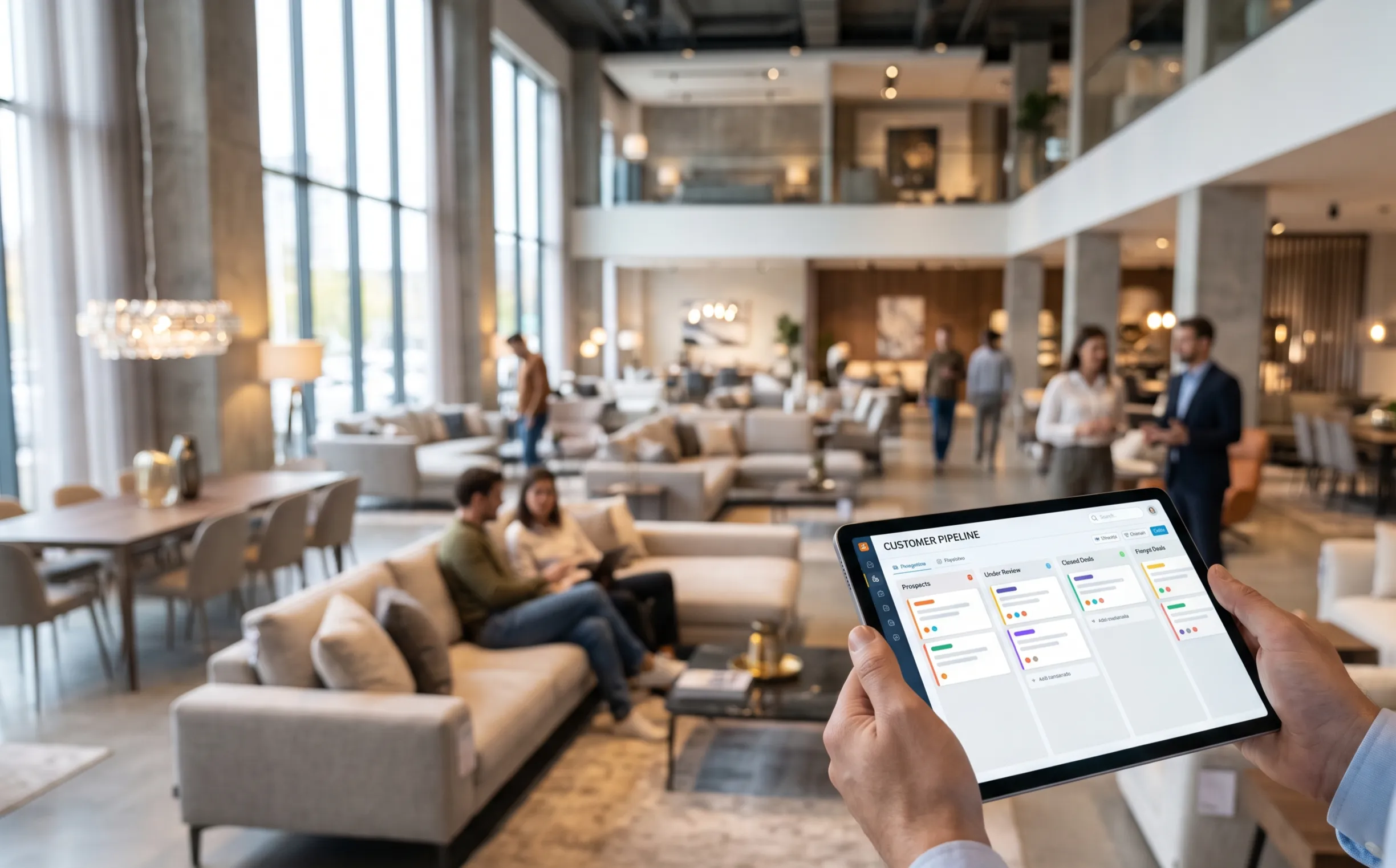 Furniture showroom with a salesperson using a tablet