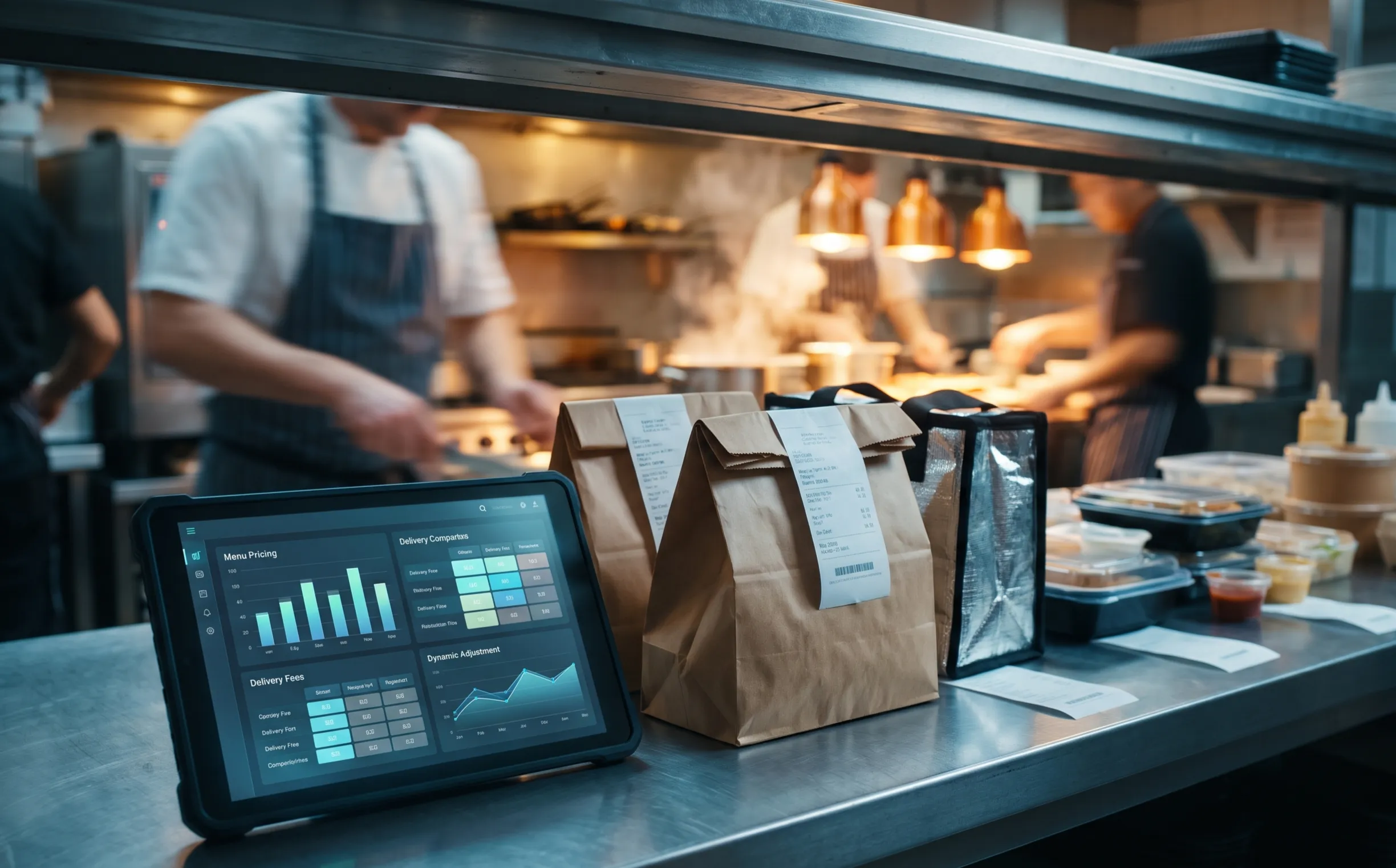 Restaurant kitchen pass with delivery orders and a pricing chart