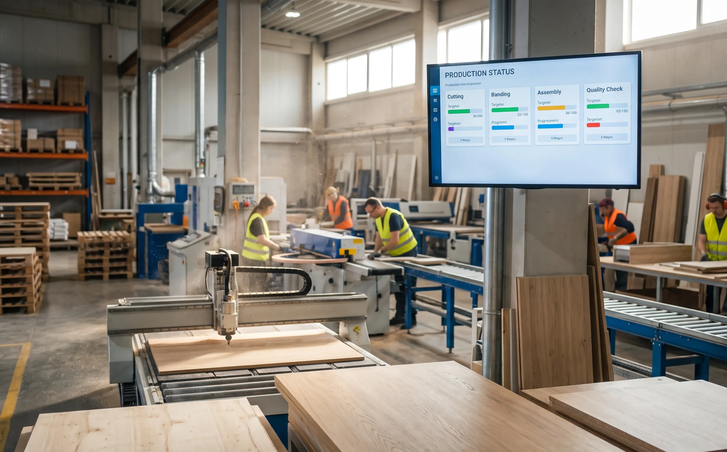Furniture workshop with panels moving between production stages