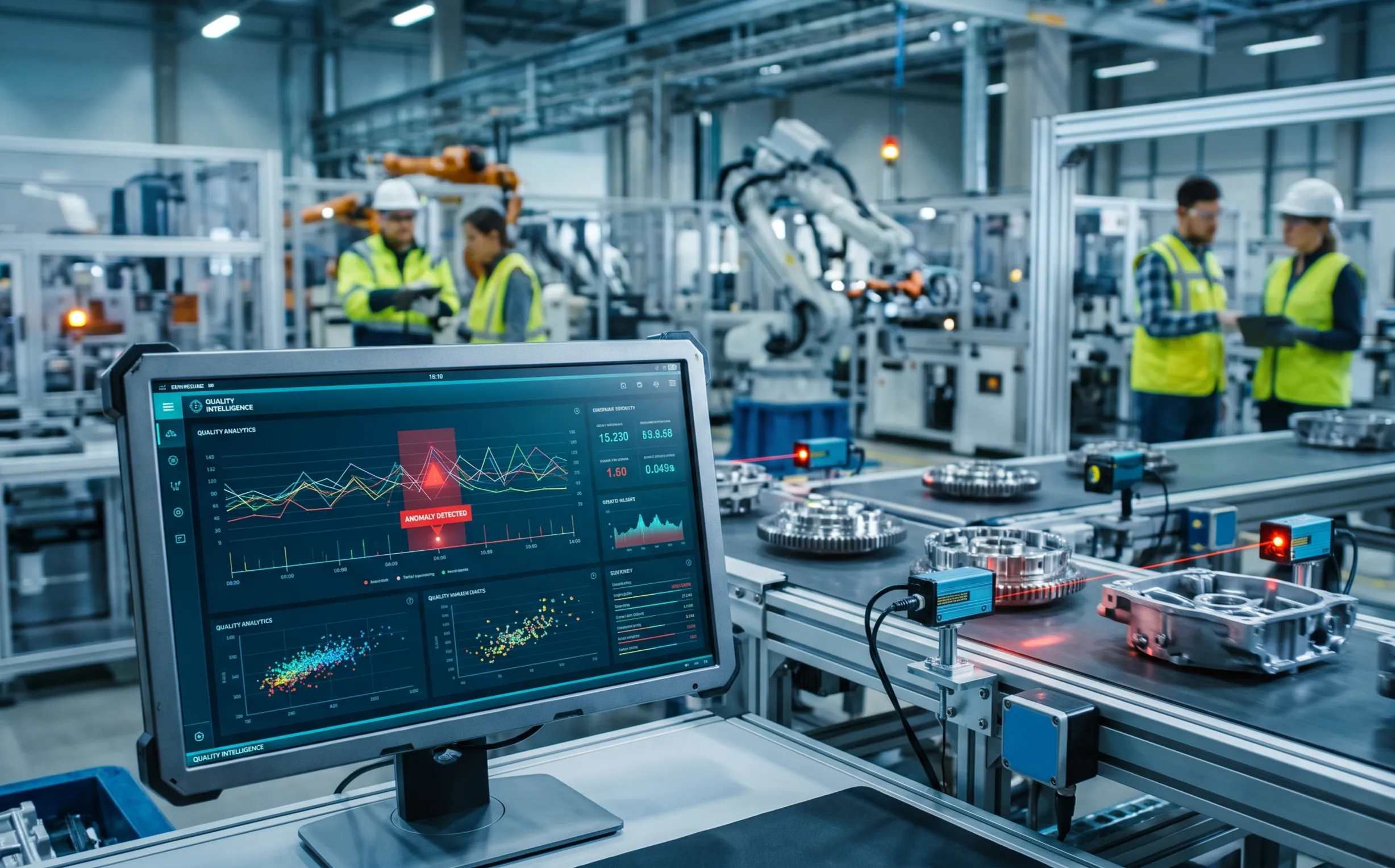 Quality analytics dashboard beside a parts production line