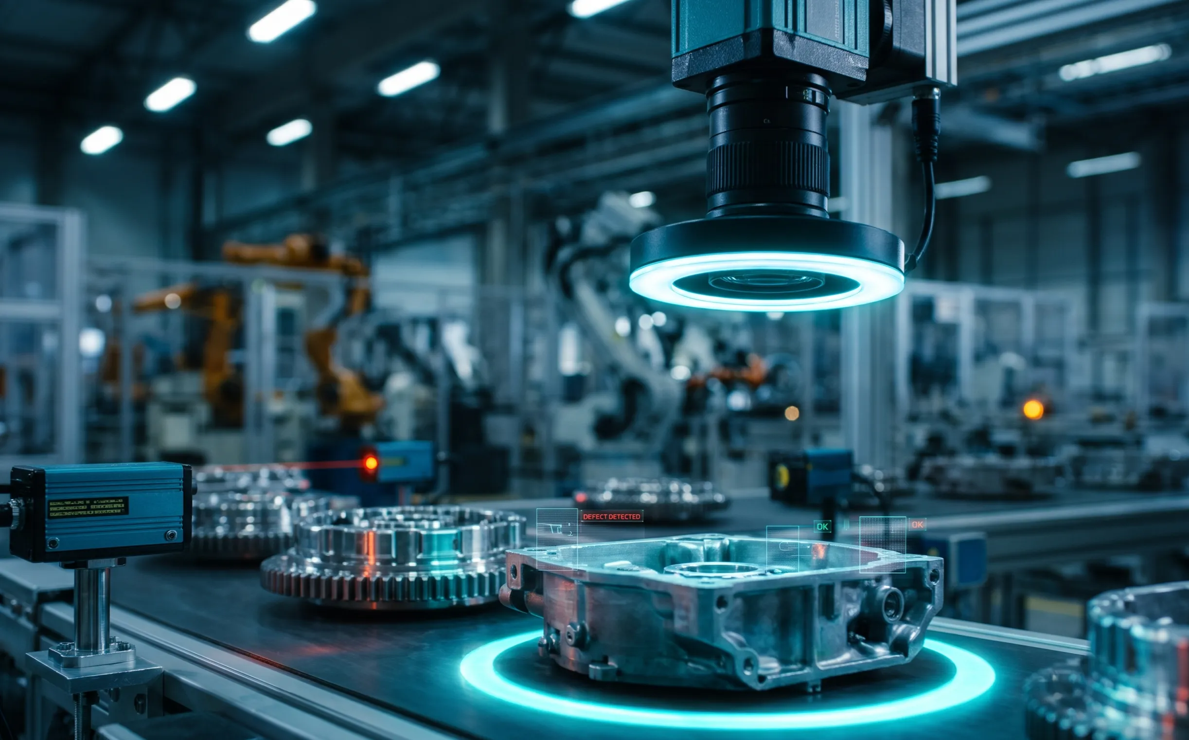 Camera inspecting machined parts with defect regions highlighted